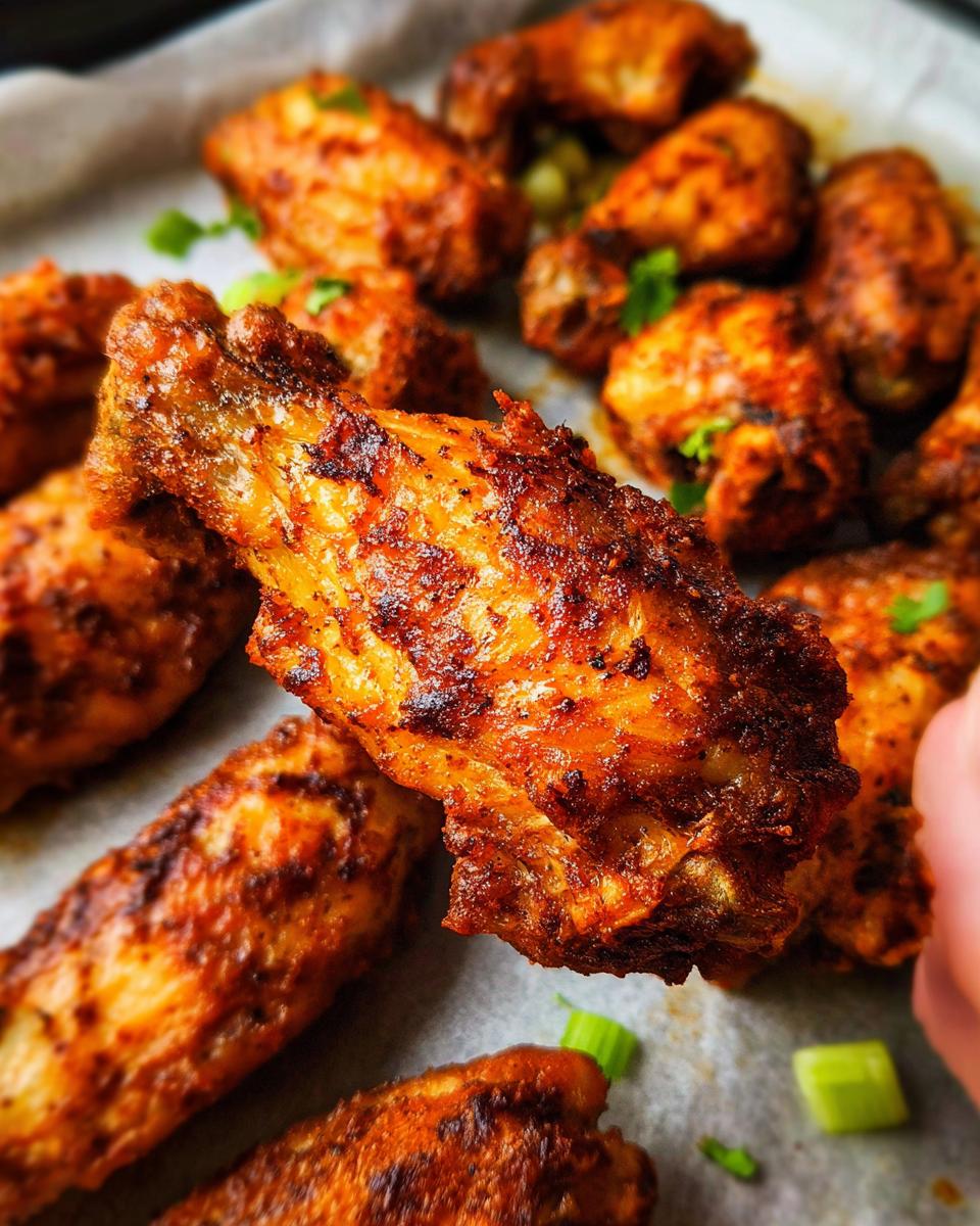 Close-up of a batch of crispy, seasoned 25-ingredient chicken wings, garnished with green onions.