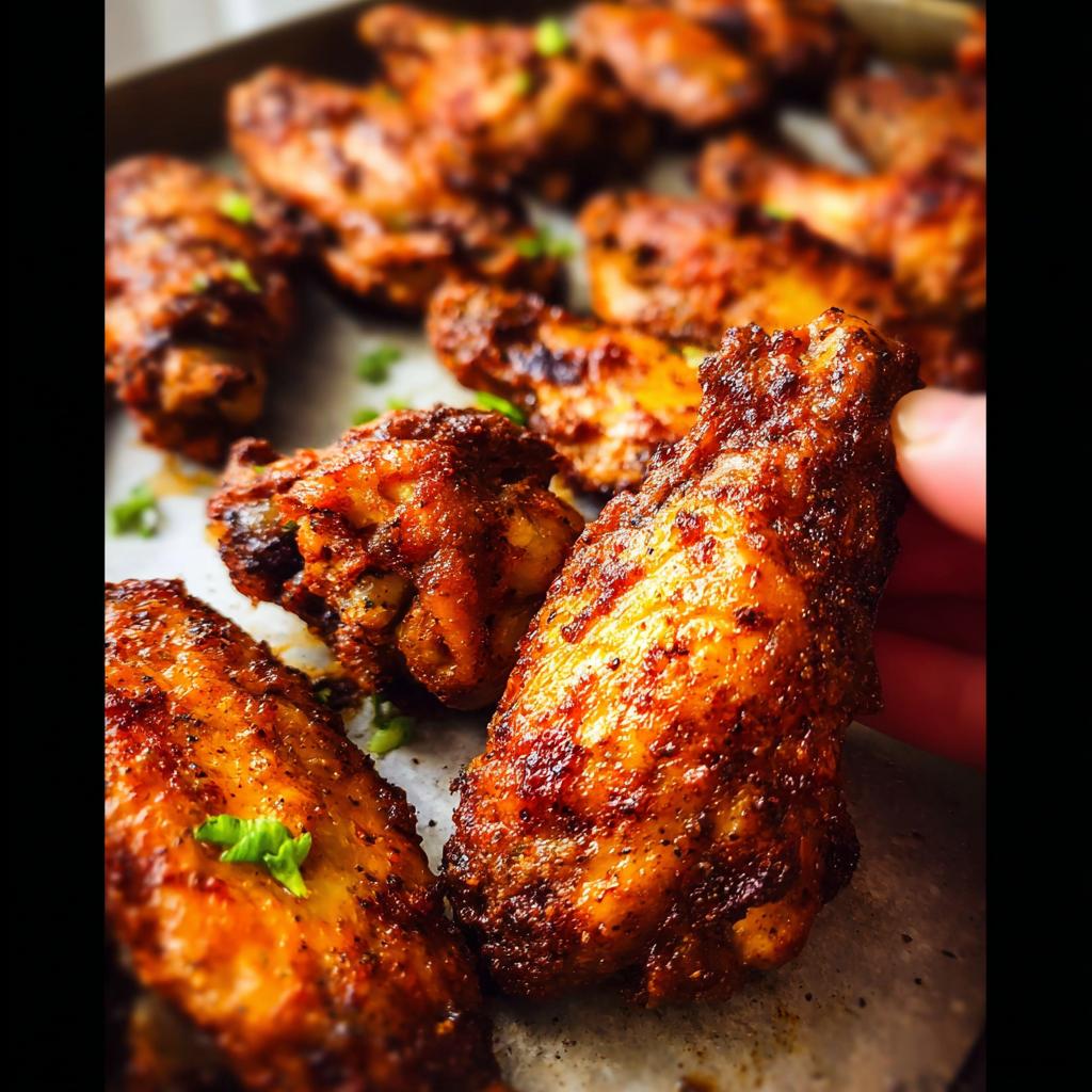 Close-up of crispy, seasoned 25-Ingredient Chicken Wings on a baking sheet, garnished with green onions.