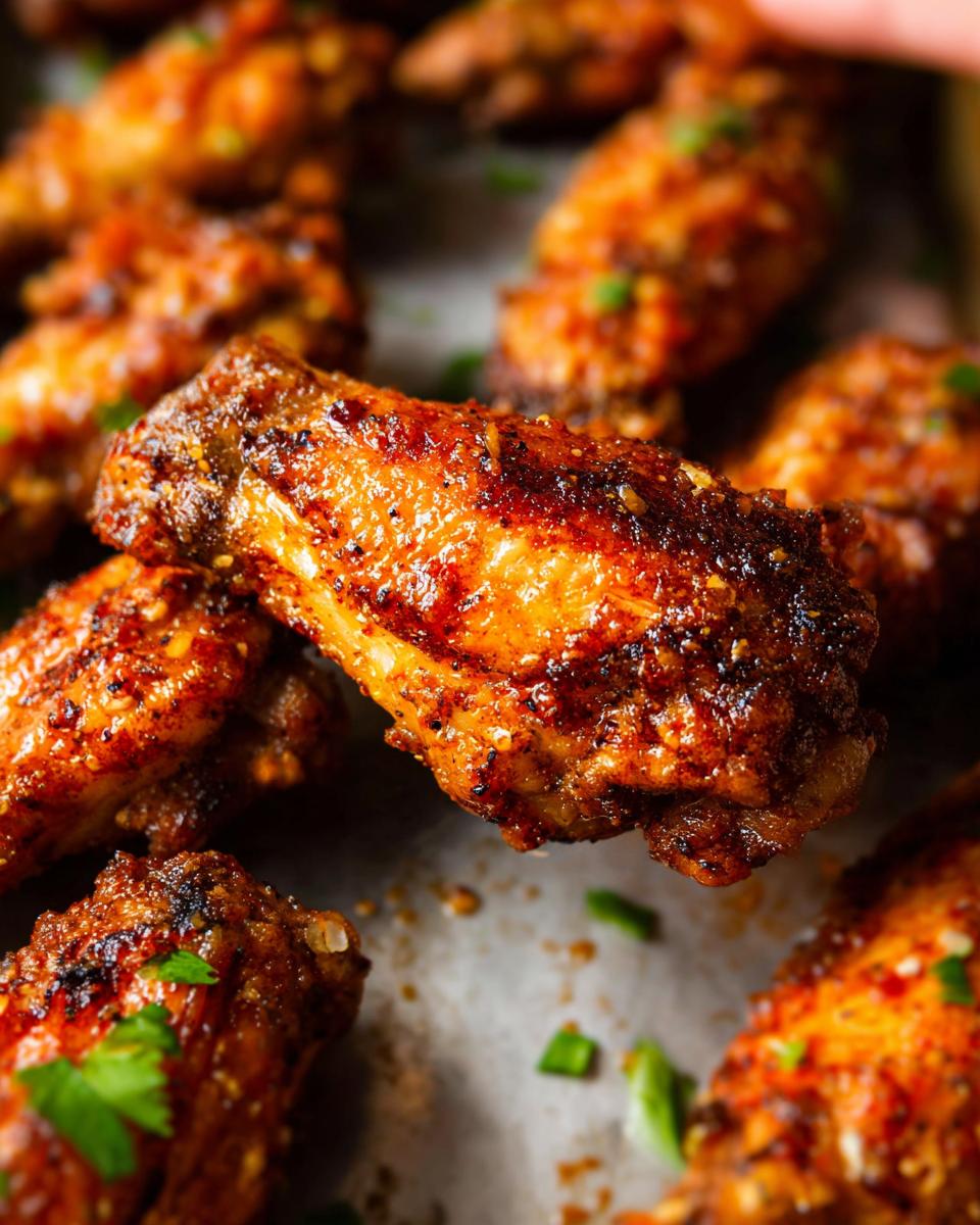Close-up of perfectly cooked, crispy 25-Ingredient Chicken Wings Recipes, seasoned with spices and garnished with parsley.