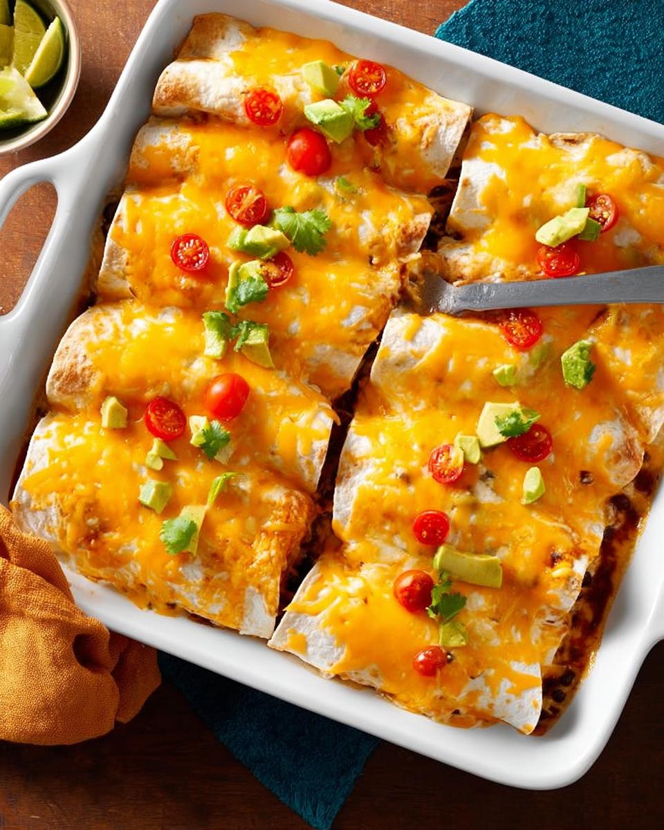 A white baking dish filled with cheesy enchiladas, topped with diced avocado, cherry tomatoes, and cilantro. Part of a 25-Ingredient Healthy Meals Recipes.