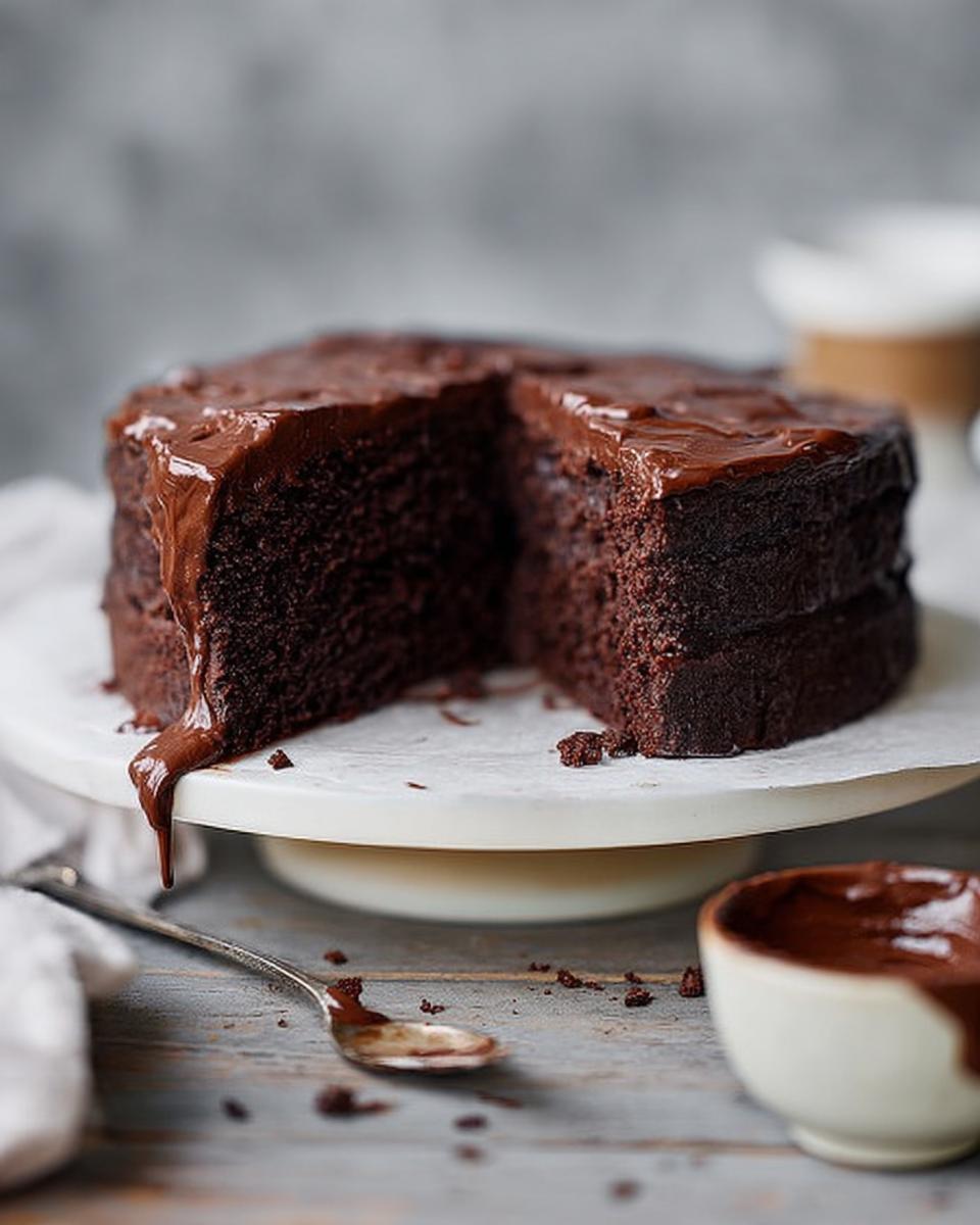 A rich, dark chocolate cake with a slice removed, drizzled with chocolate ganache. One of the 7-Ingredient Cake Ideas.