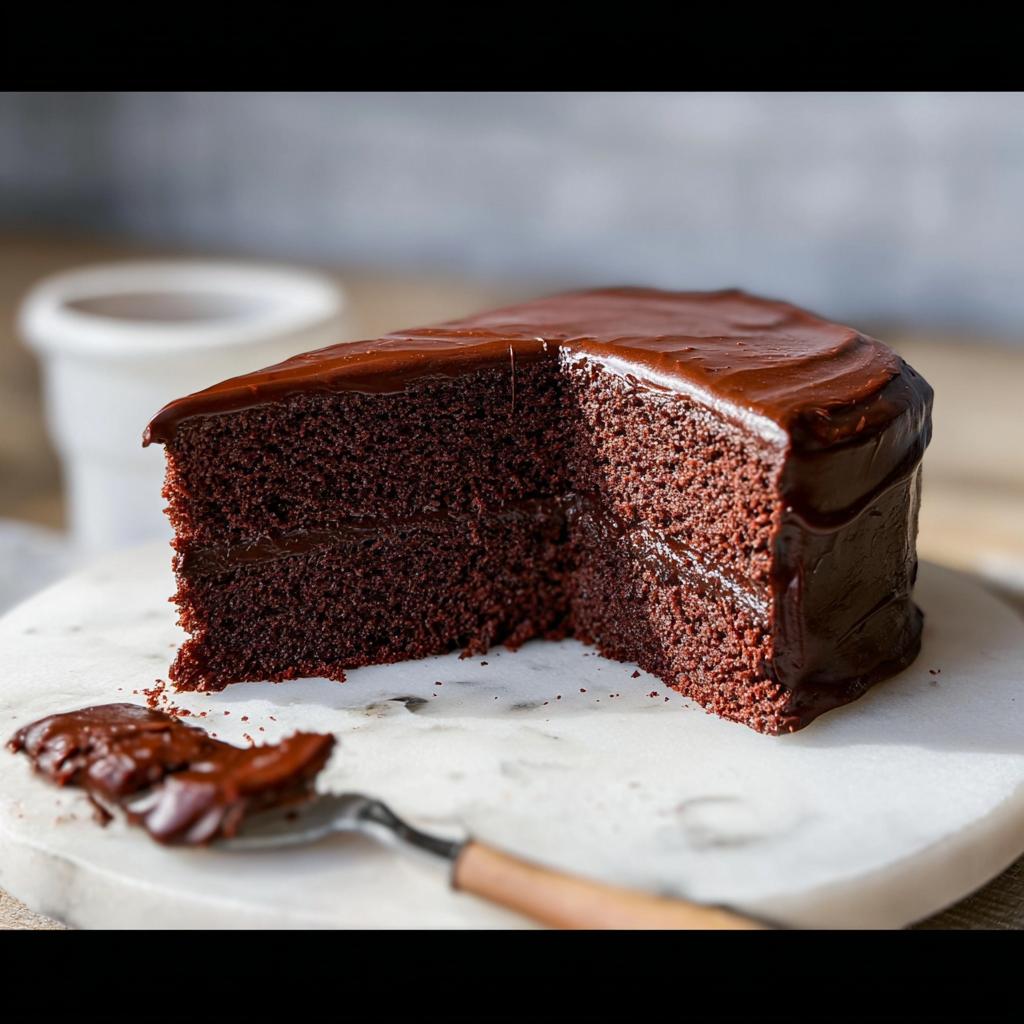 A slice of rich, moist chocolate cake with glossy chocolate frosting, part of 7-Ingredient Cake Ideas Recipes.