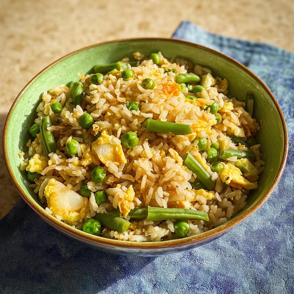 A bowl of 7-ingredient egg fried rice featuring scrambled eggs, peas, and green beans.