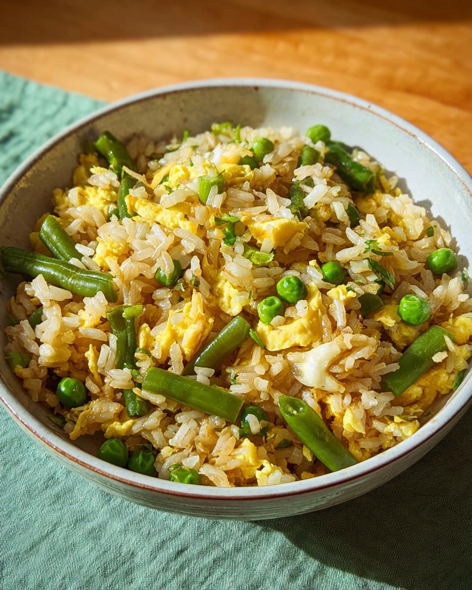 A close-up shot of a bowl of 7-ingredient egg fried rice, featuring scrambled eggs, peas, and green beans.