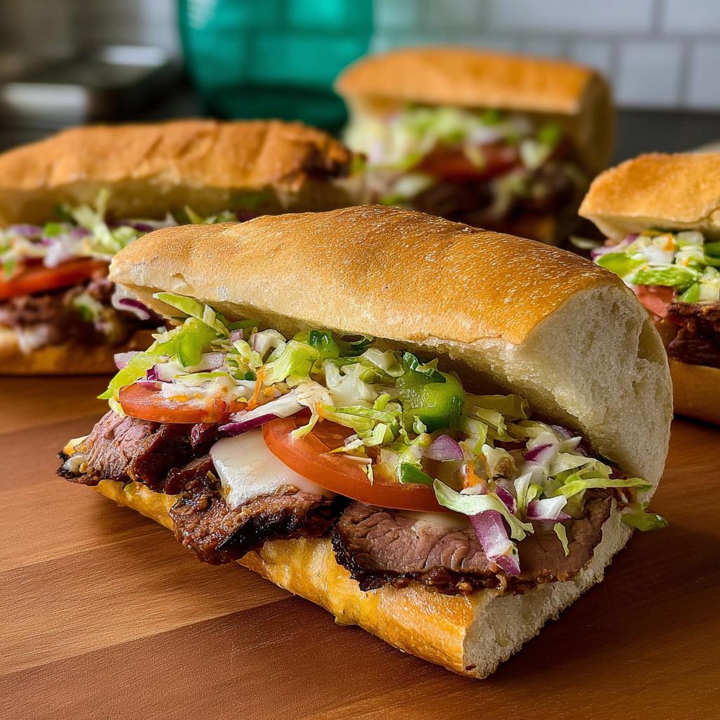 Close-up of a hearty sandwich with roast beef, cheese, lettuce, tomato, onion, and peppers, part of 7-Ingredient Sandwich Ideas Recipes.