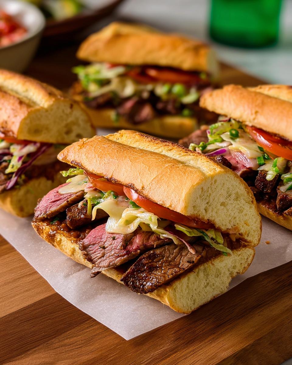 Close-up of a steak sandwich made with a baguette, sliced steak, lettuce, tomato, and sauce. Part of 7-Ingredient Sandwich Ideas Recipes.