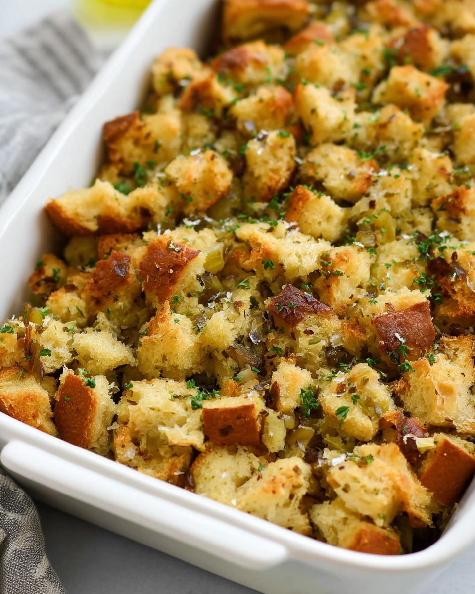 Close-up of a white baking dish filled with golden-brown 7-ingredient stuffing, garnished with fresh parsley.