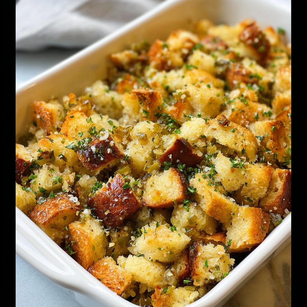 Close-up of a white baking dish filled with golden brown 7-Ingredient Stuffing, garnished with fresh parsley.