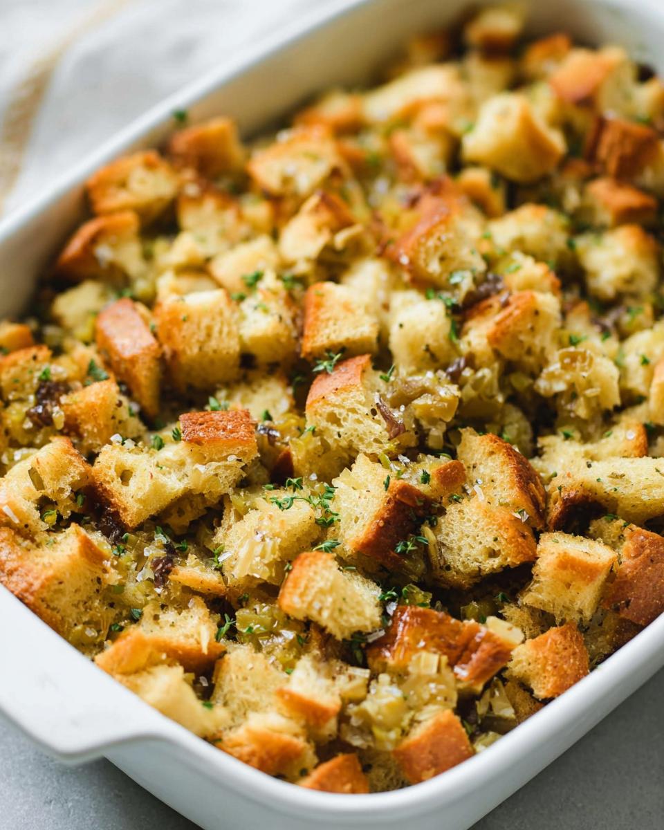 Close-up of a white baking dish filled with golden brown bread cubes for 7-Ingredient Stuffing.
