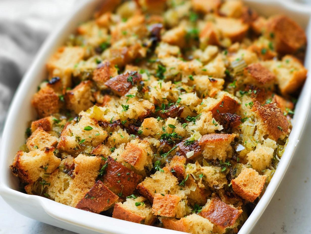 A close-up shot of a white baking dish filled with a delicious 7-ingredient stuffing recipe, garnished with fresh herbs.