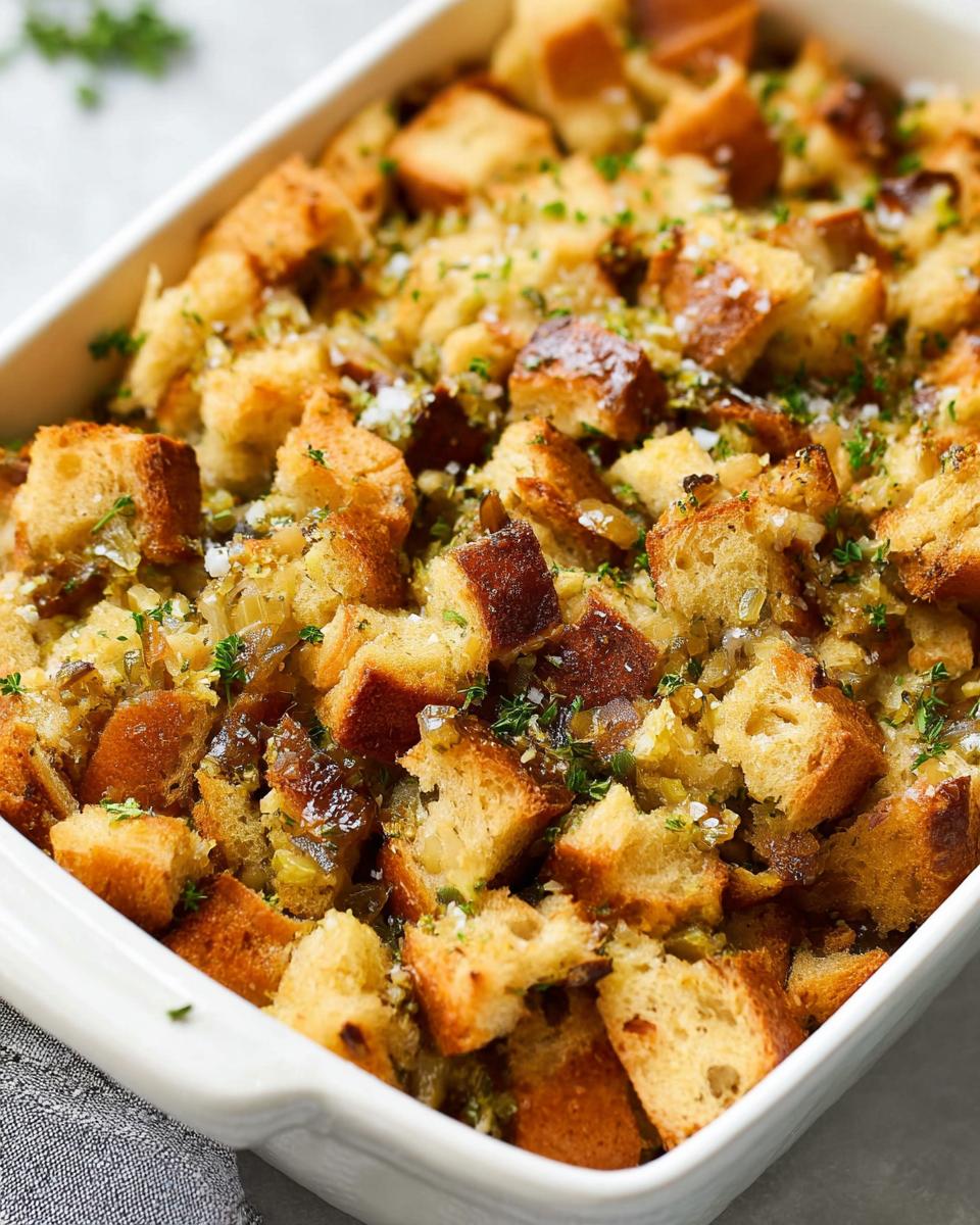 A close-up of a 7-Ingredient Stuffing Recipe baked in a white casserole dish, topped with herbs and coarse salt.