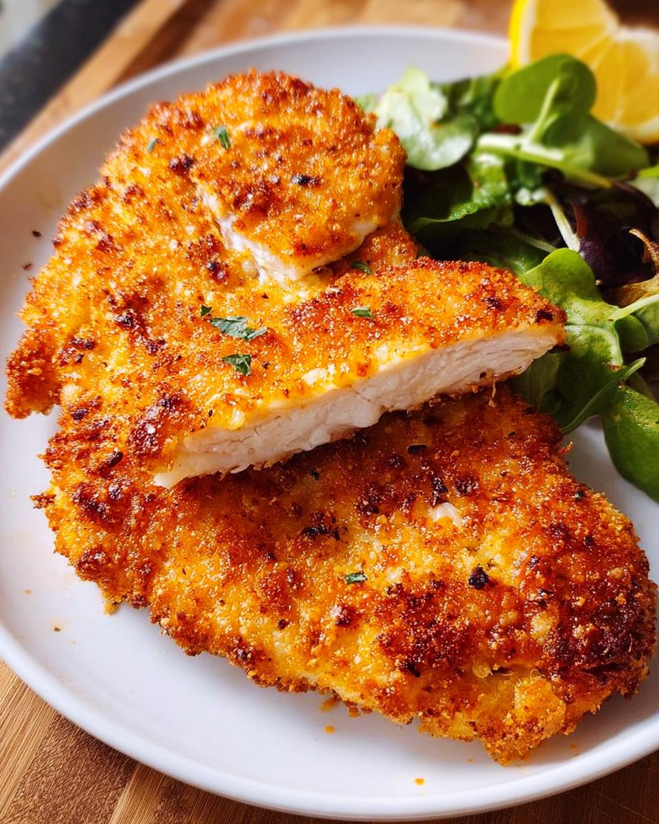 Close-up of a golden-brown, crispy air fryer chicken breast cut in half, served with a side salad and lemon wedge.