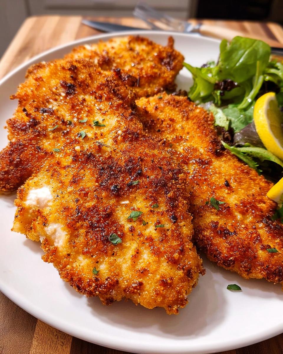 Close-up of three golden-brown, crispy air fryer chicken breasts served with a side salad and lemon wedge.