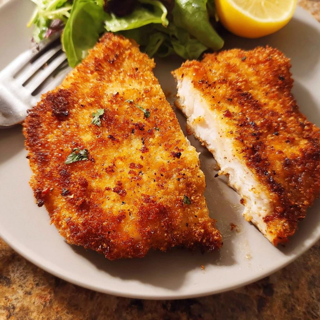 A golden-brown, crispy air fryer chicken breast, cut in half, served with a side salad and lemon wedge.