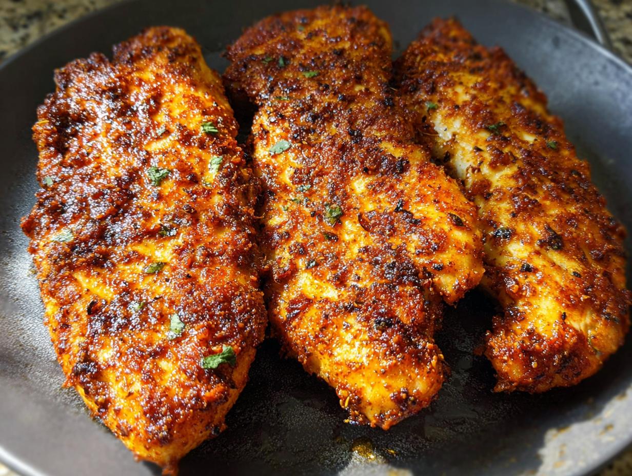 Three perfectly cooked air fryer chicken breasts with a crispy, seasoned coating on a dark plate.