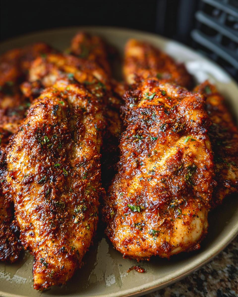 Close-up of perfectly cooked, seasoned air fryer chicken breasts on a plate.