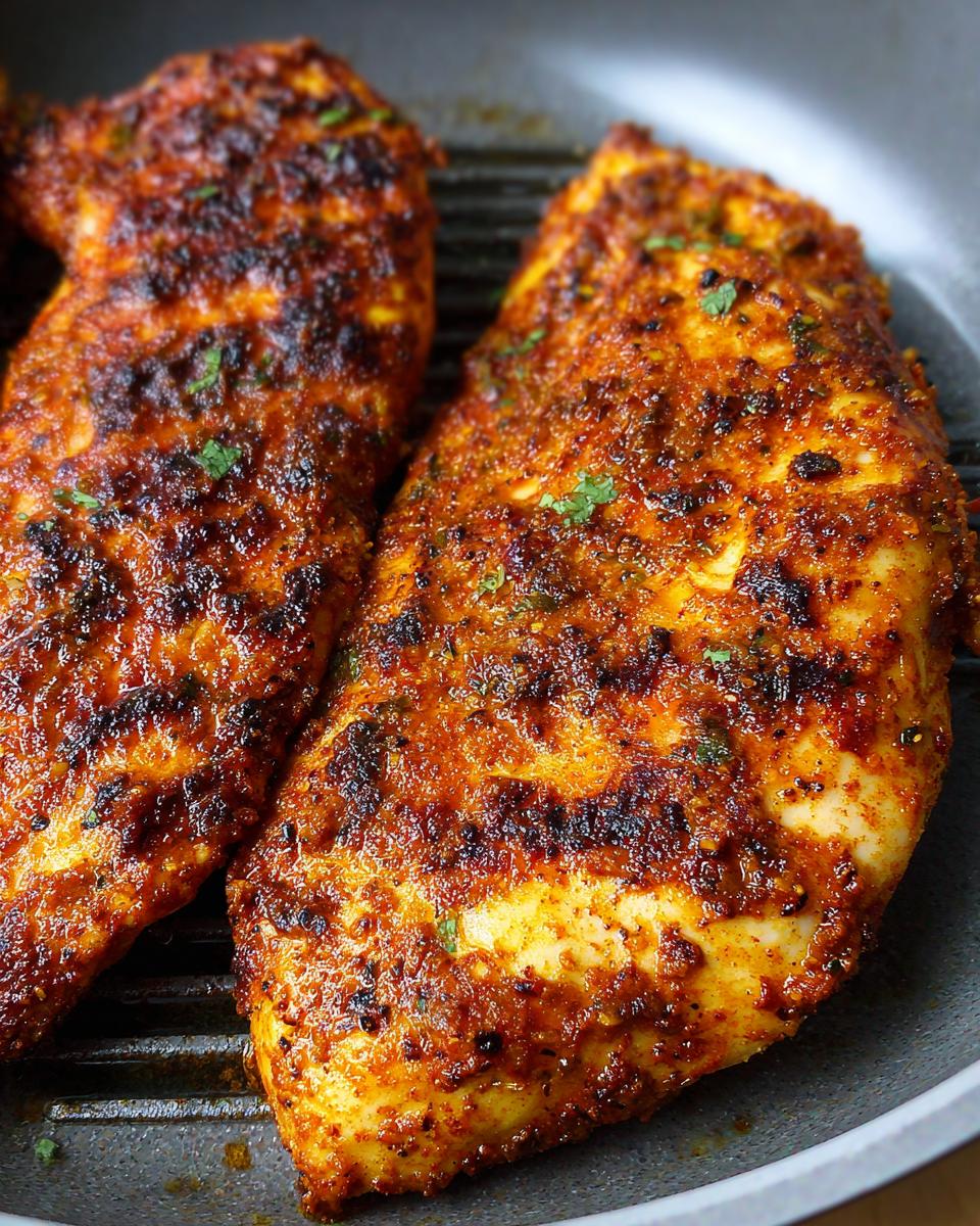 Close-up of two seasoned air fryer chicken breasts with grill marks in a pan.