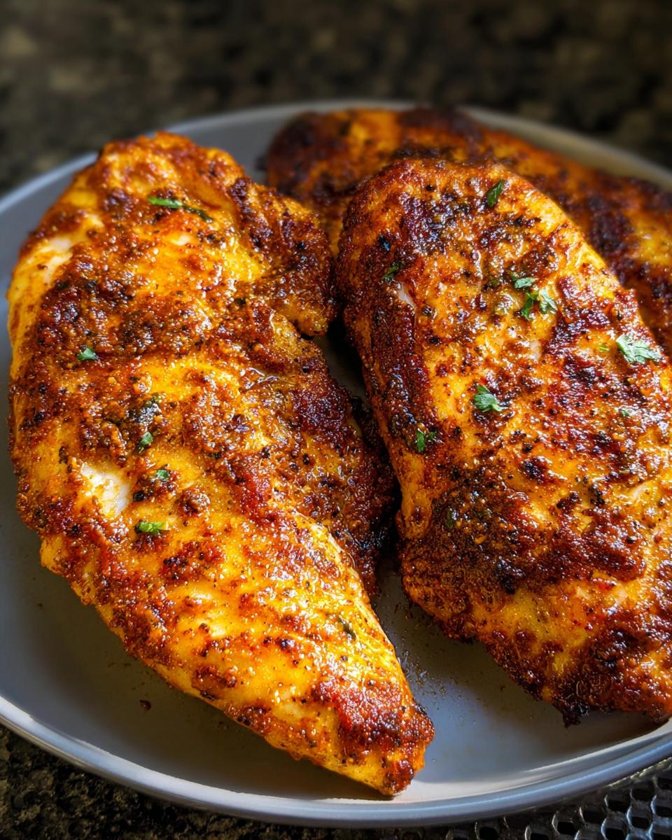 Close-up of three perfectly cooked air fryer chicken breasts seasoned with spices on a gray plate.