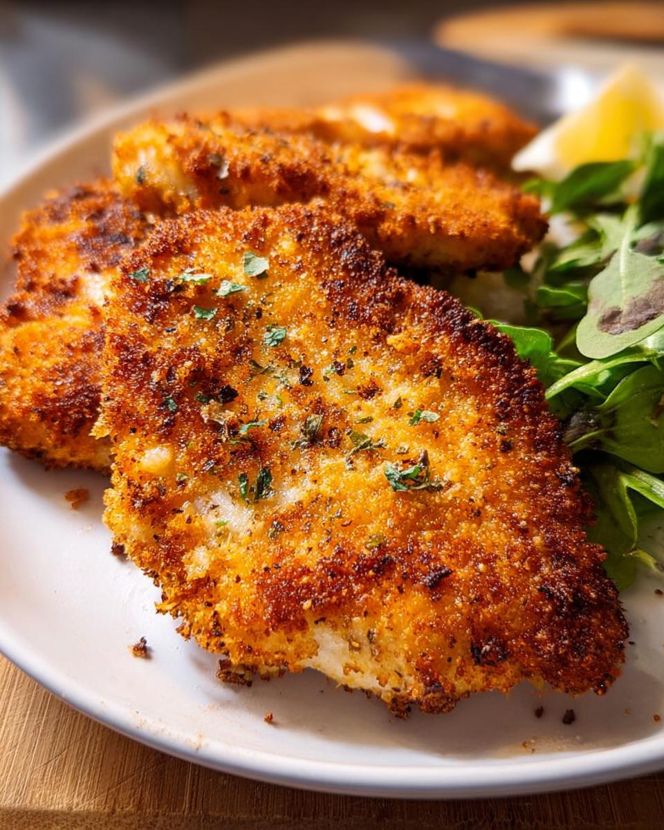 Close-up of golden-brown, crispy air fryer chicken breasts served with a fresh green salad and a lemon wedge.