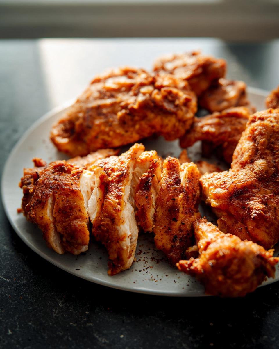 Close-up of sliced air fryer chicken recipe, seasoned and golden brown, on a plate.