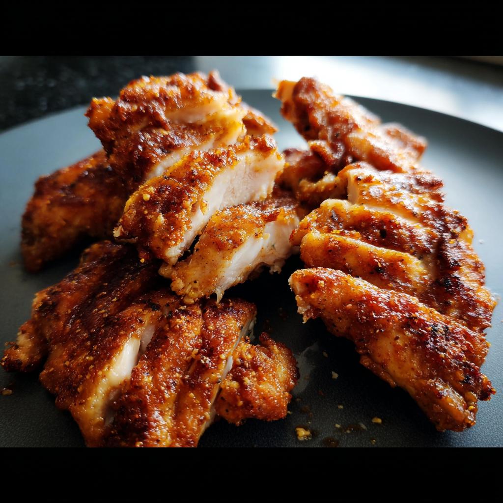 Close-up of perfectly cooked air fryer chicken recipe slices, seasoned and juicy.