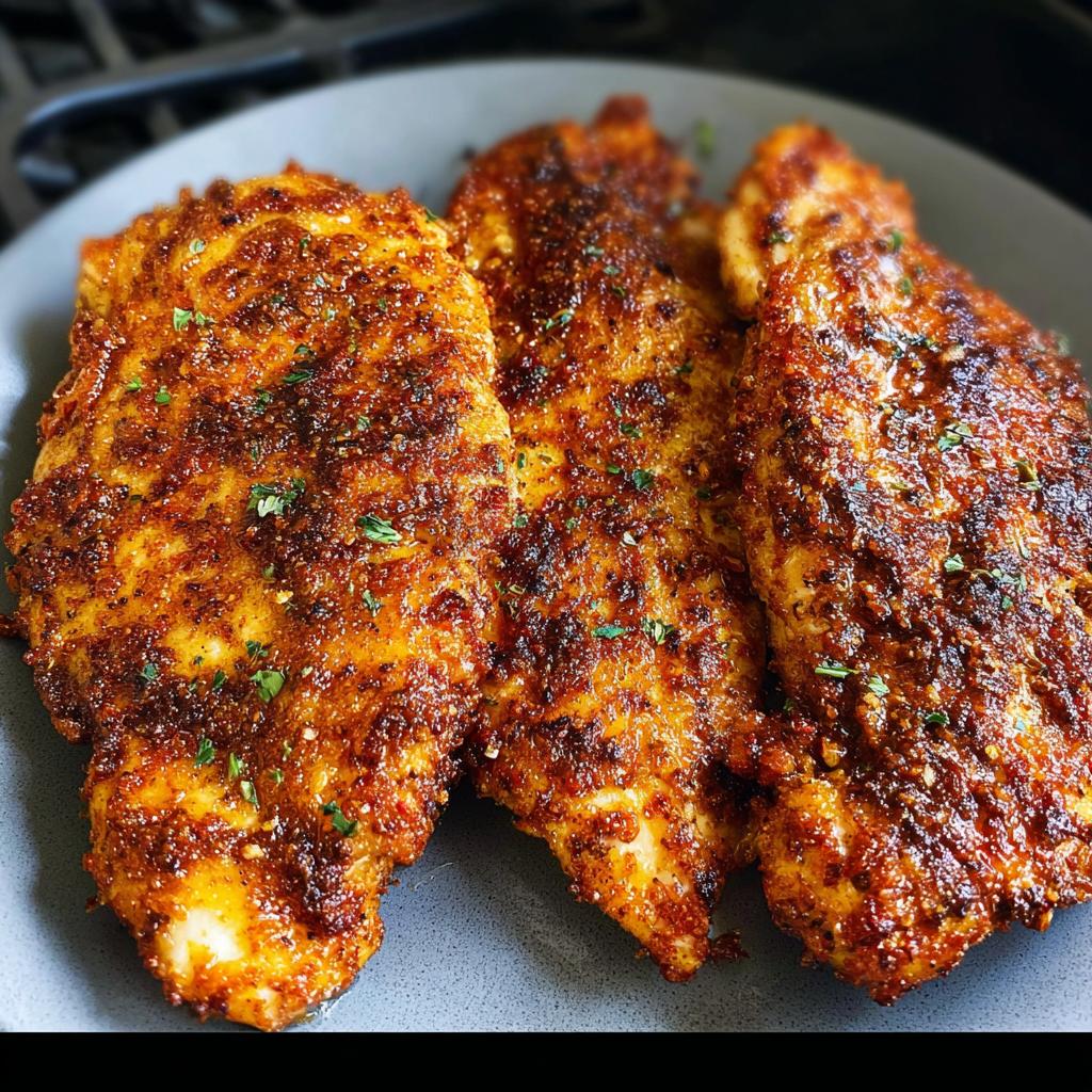 Three perfectly cooked air fryer chicken breasts seasoned with a reddish-brown spice blend and garnished with parsley.