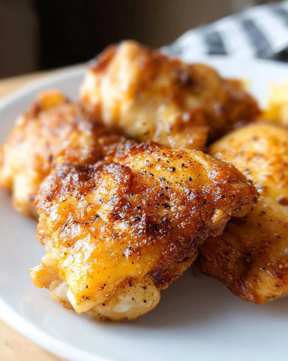 Close-up of golden-brown, crispy air fryer chicken thighs seasoned with pepper.