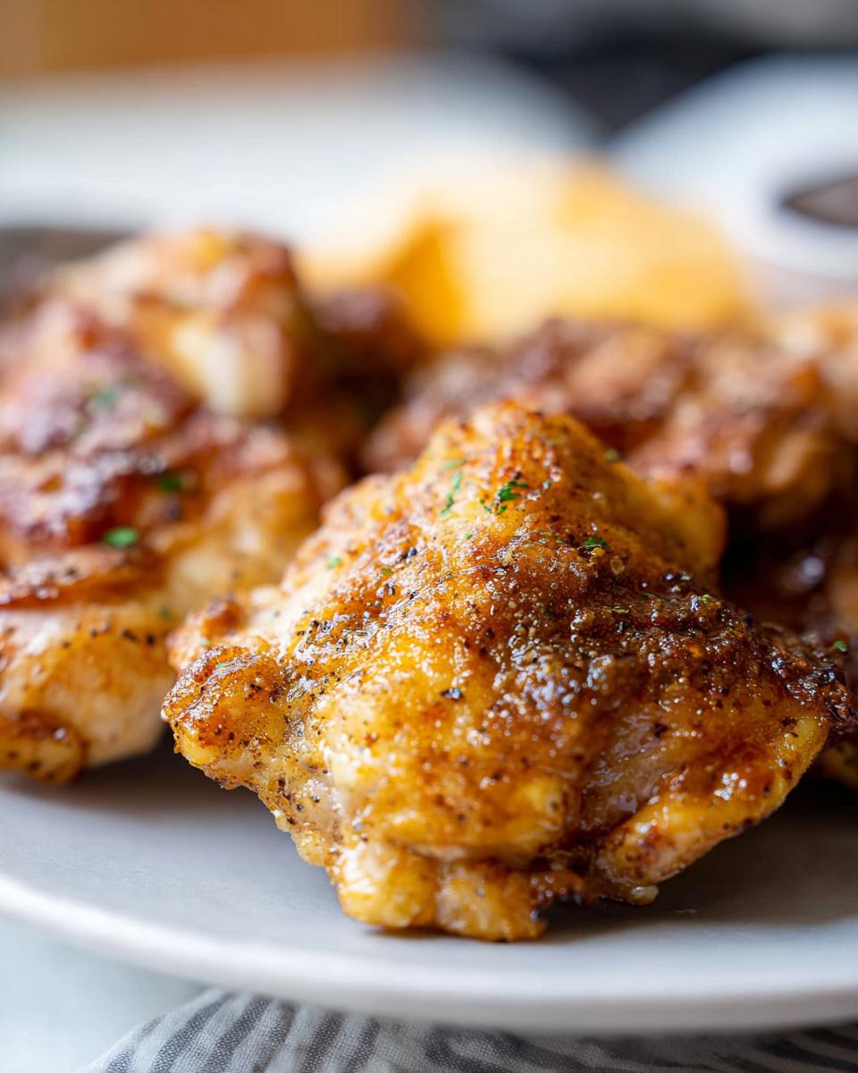 Close-up of juicy, seasoned air fryer chicken thighs on a plate, part of our Air Fryer Chicken Recipes.