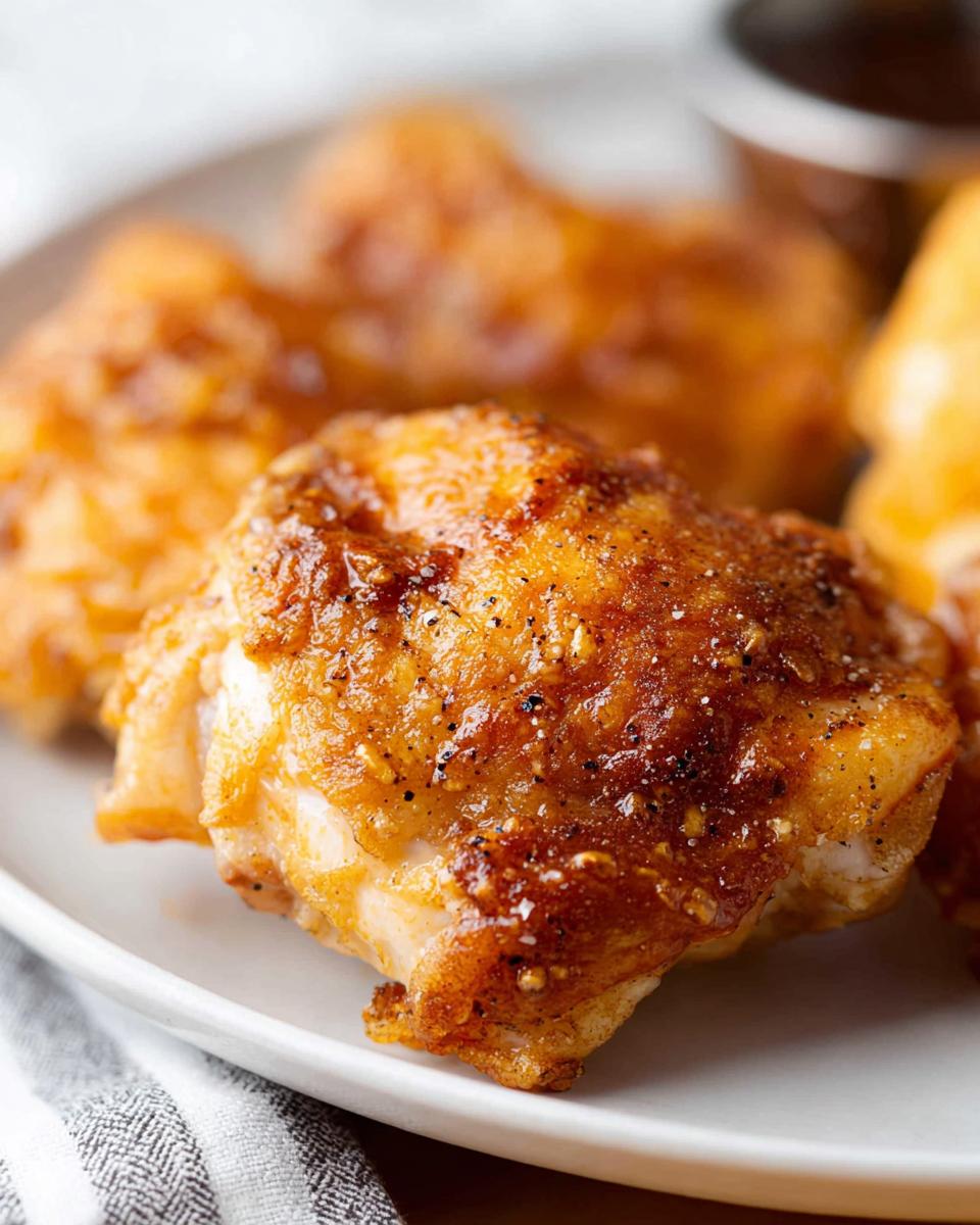 Close-up of perfectly cooked, crispy air fryer chicken thighs seasoned with pepper and salt.