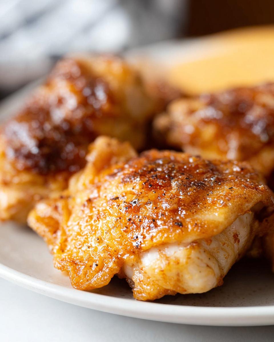Close-up of perfectly cooked, crispy air fryer chicken thighs with a golden-brown, seasoned skin.