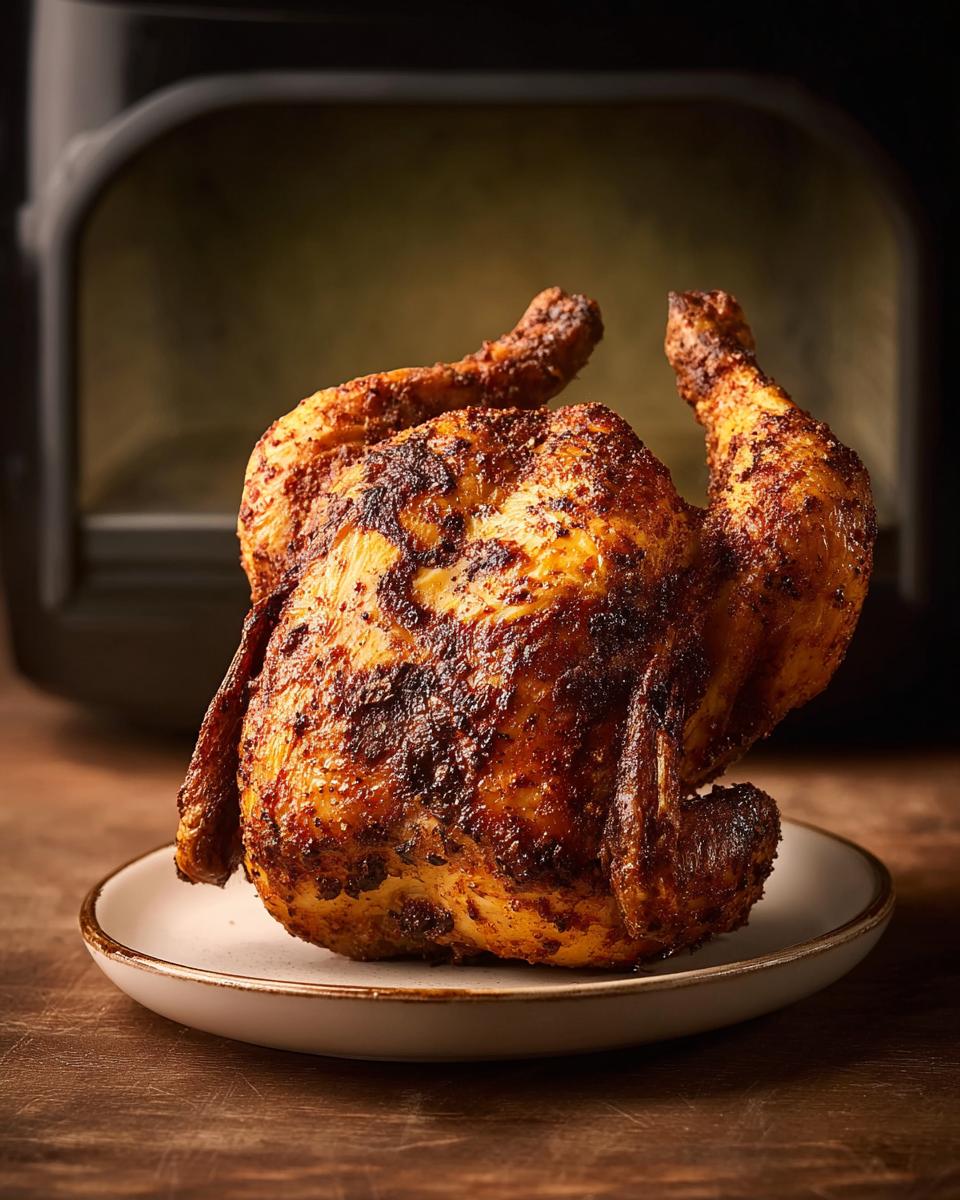 A whole, golden-brown air fryer chicken sits on a plate, ready to be served. This is a key recipe in The Ultimate Air Fryer Chicken Recipes Guide for Beginners.