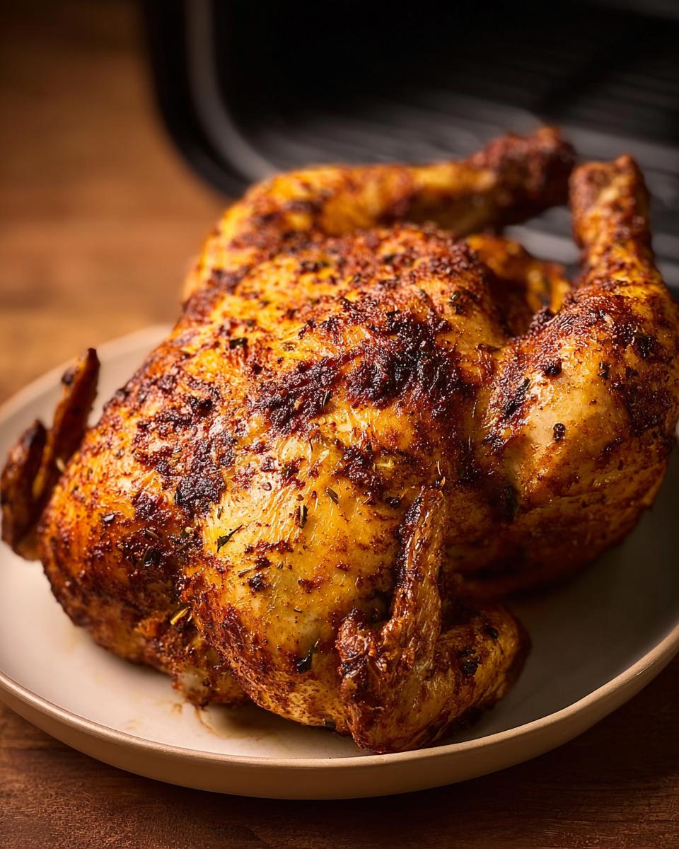 A whole, golden-brown air fryer chicken seasoned with herbs, resting on a plate.