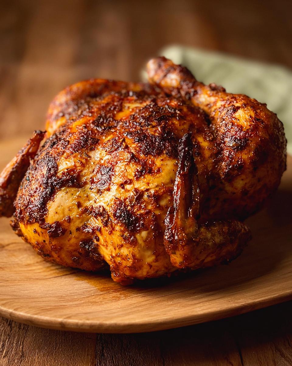 A whole roasted chicken with crispy, seasoned skin, ready to be served from an air fryer recipe.