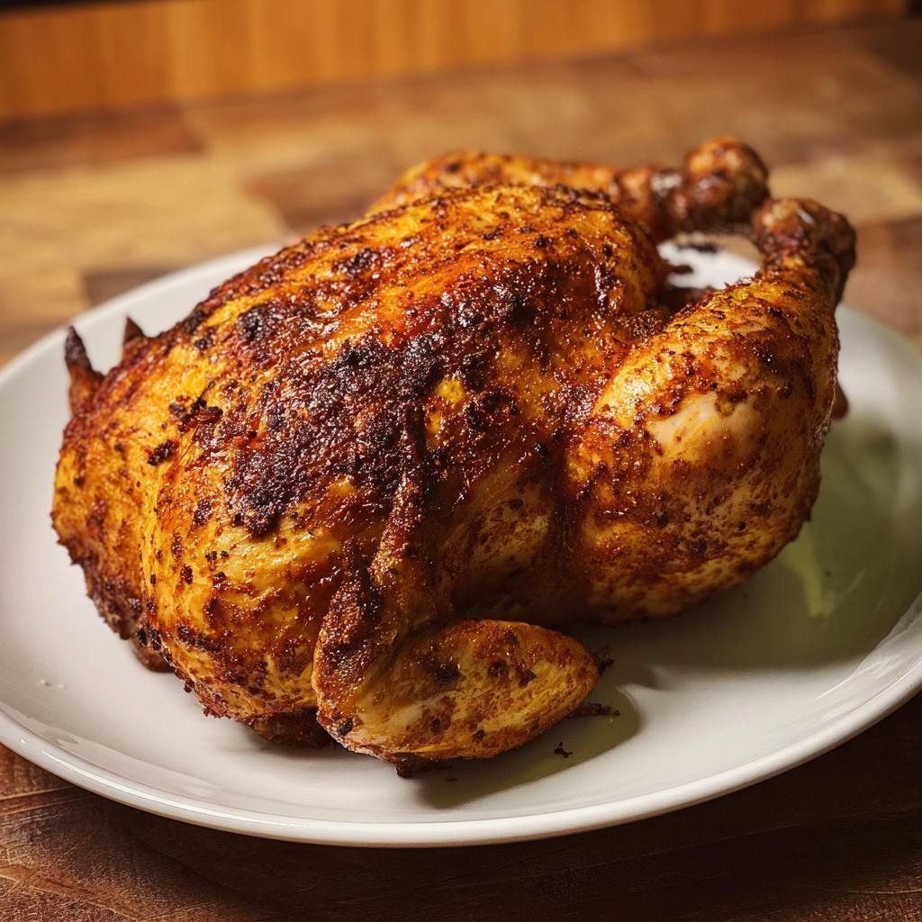 A whole roasted chicken, golden brown and crispy, cooked in an air fryer, presented on a white plate.