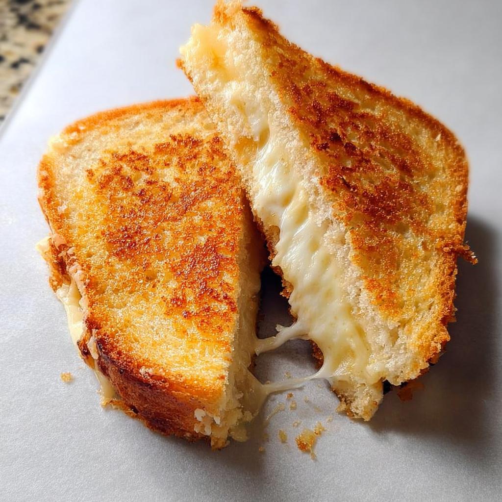A perfectly grilled cheese sandwich, cut in half, revealing a gooey, melted cheese pull. Features golden-brown toasted bread.