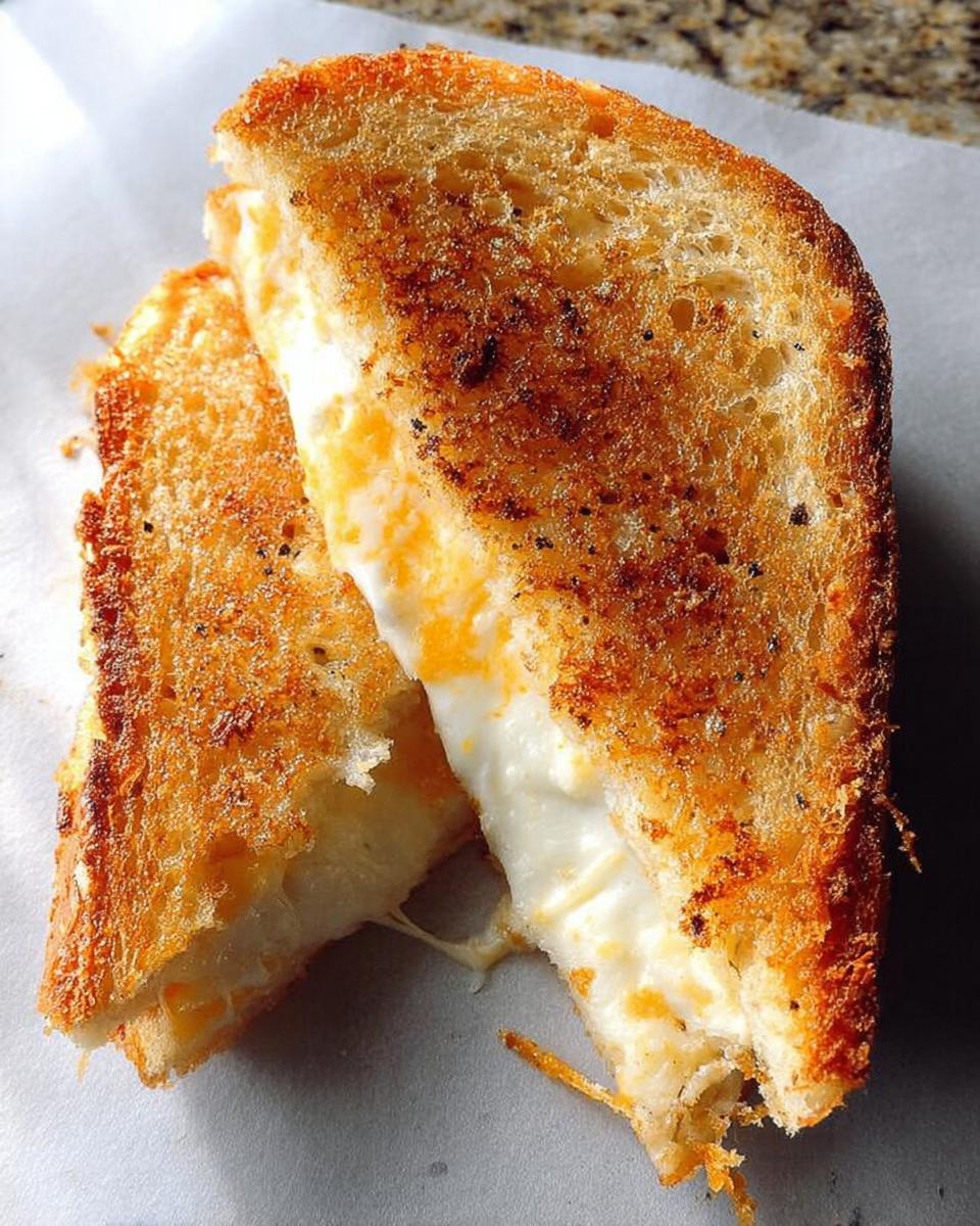 Close-up of two halves of an amazing grilled cheese sandwich, showing melted cheese oozing out.