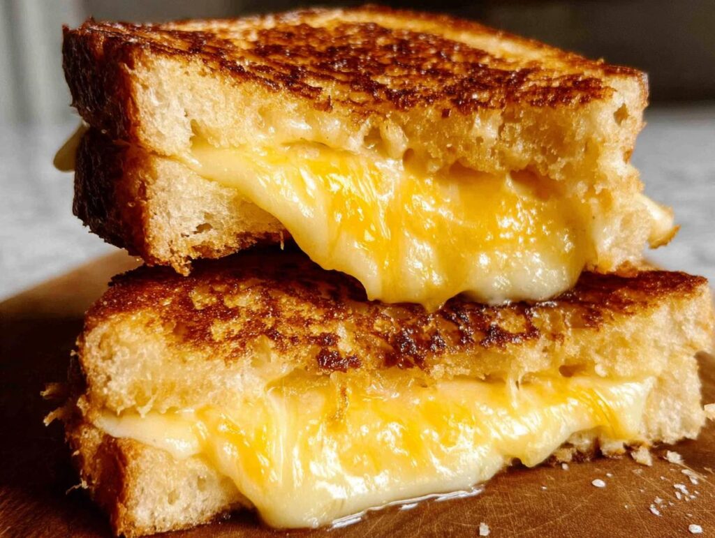 Close-up of two stacked grilled cheese sandwiches, showcasing gooey melted cheese oozing out.