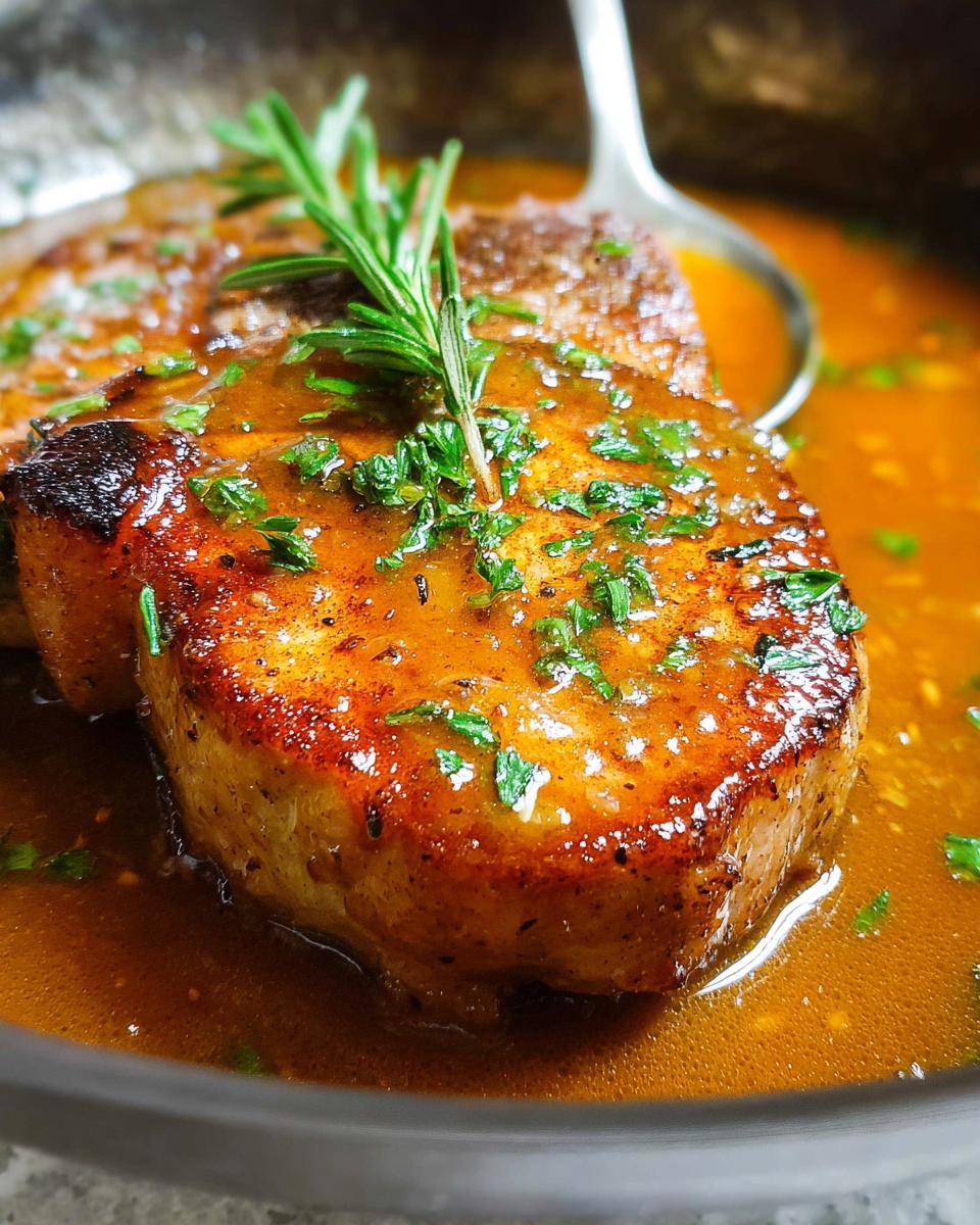 Close-up of perfectly cooked pork chops in a rich, glossy sauce, garnished with fresh rosemary and parsley.