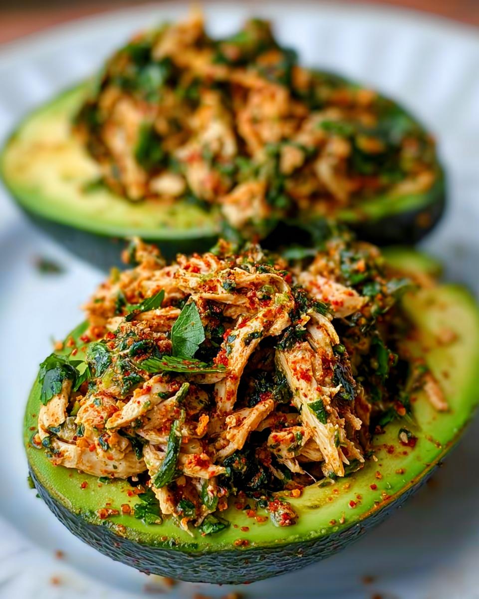 Close-up of avocado halves filled with shredded chicken salad, a quick and easy sandwich idea.