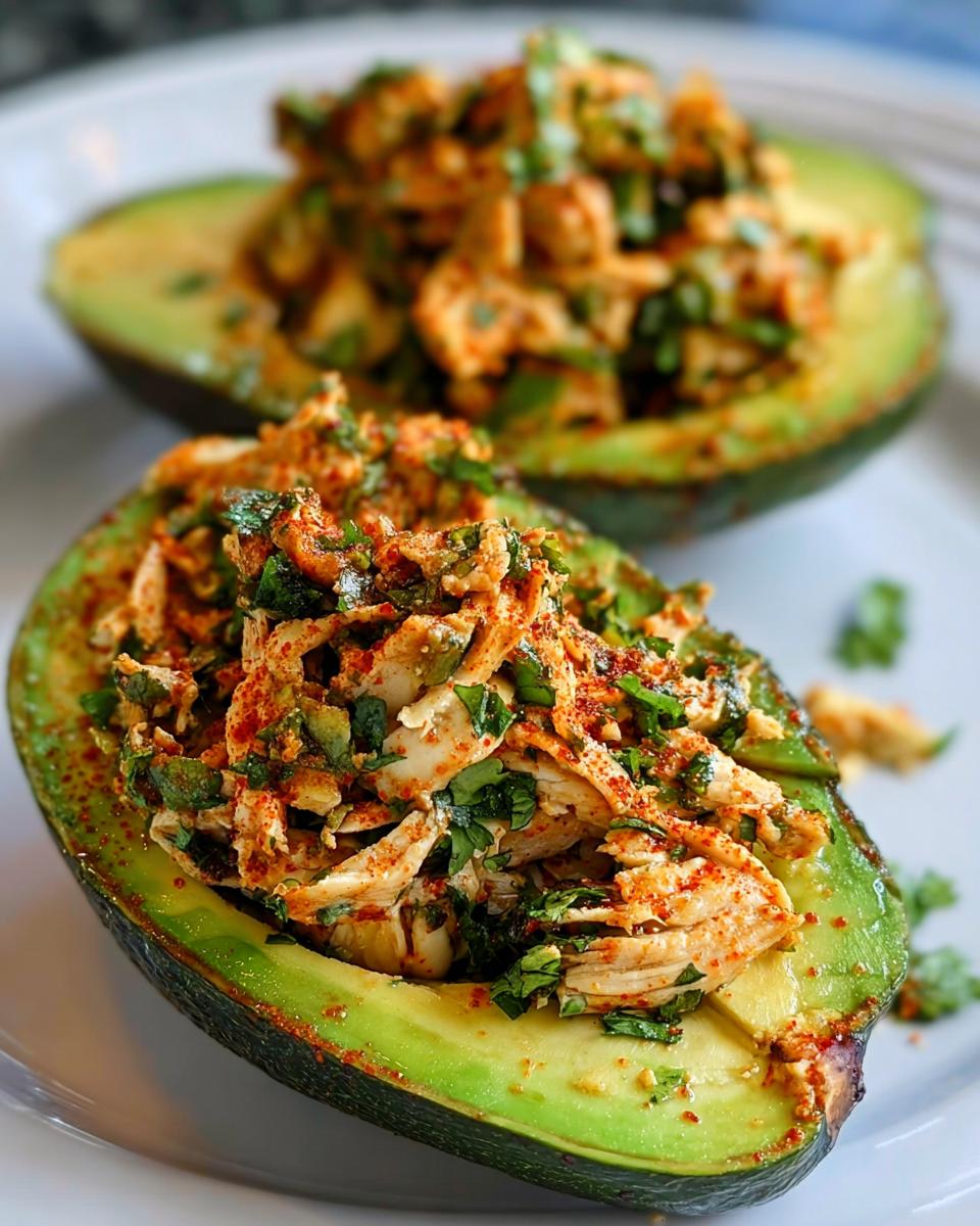 Two halves of avocado stuffed with shredded chicken salad, seasoned with herbs and spices. A quick sandwich idea.