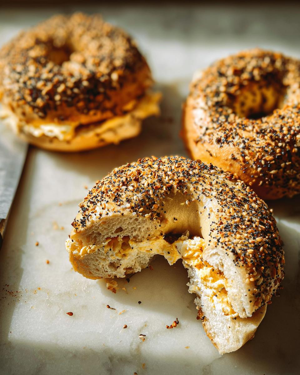 A close-up of a bagel with everything seasoning, split open to reveal a generous filling of cream cheese. Part of a breakfast idea for busy weeknights.