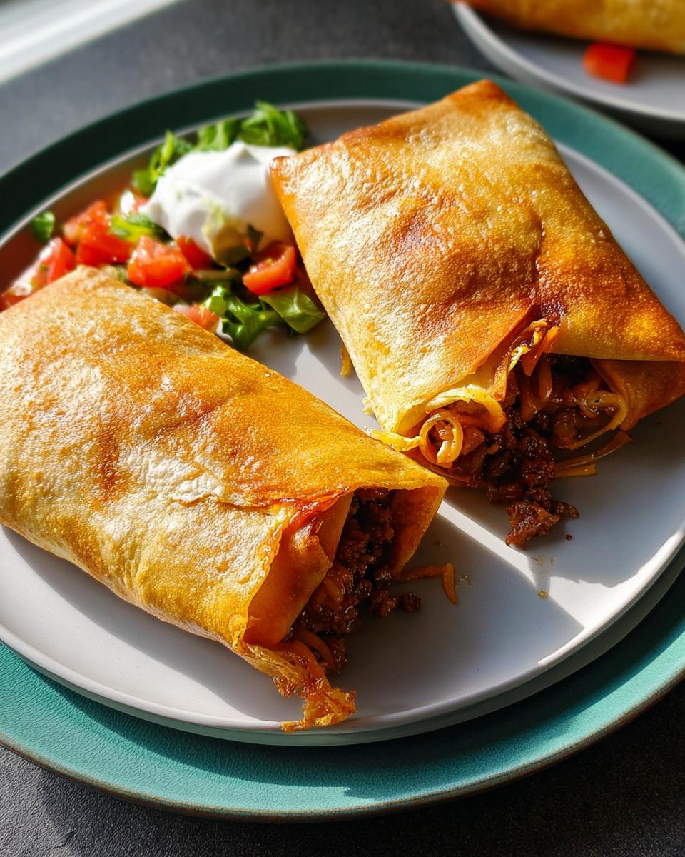 Two golden baked burritos filled with seasoned ground beef and cheese, served with a side of pico de gallo and sour cream. Part of 20-Ingredient Easy Dinner Recipes.