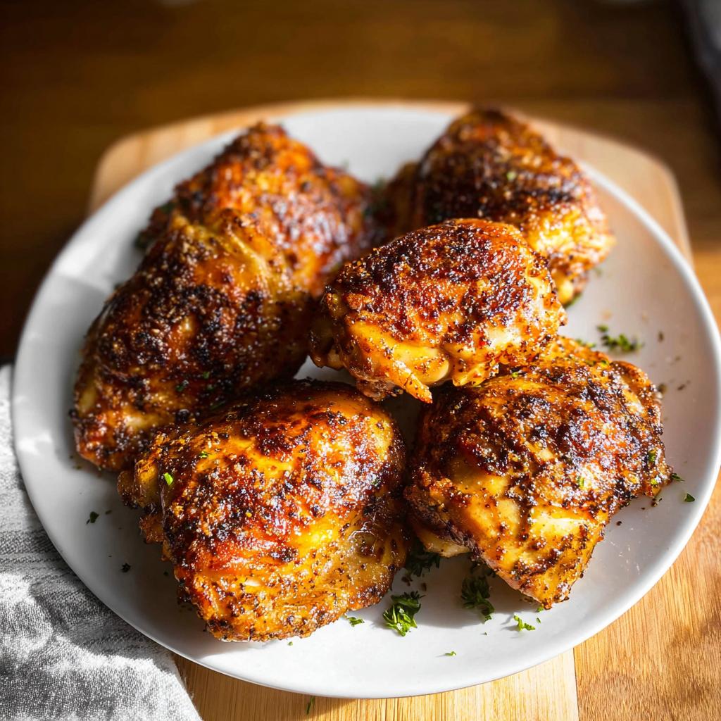 A plate of perfectly baked chicken thigh recipes, seasoned and garnished with parsley.