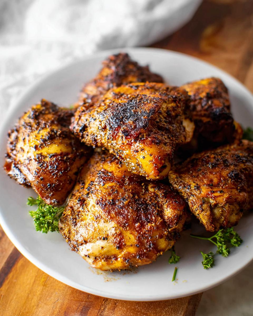 A plate of perfectly baked chicken thigh recipes, seasoned and garnished with fresh parsley.