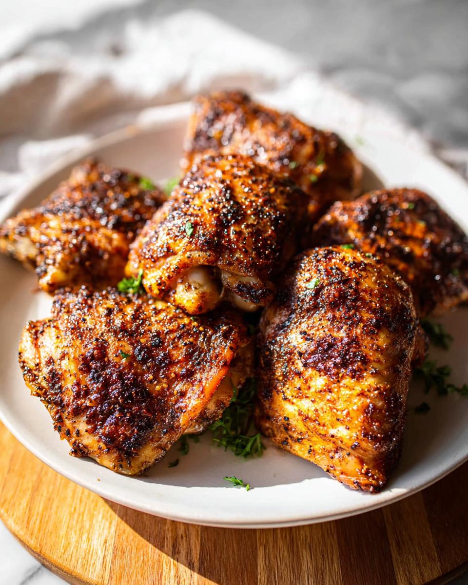 A plate of perfectly baked chicken thigh recipes, seasoned and garnished with fresh parsley.