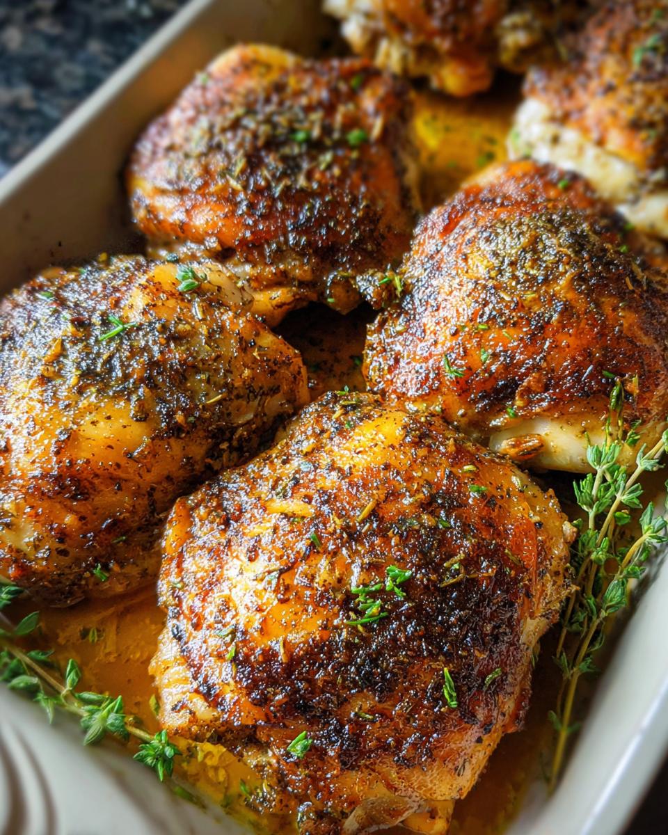 Close-up of perfectly baked chicken thighs with crispy skin and herbs, ready for a delicious chicken thigh recipe.