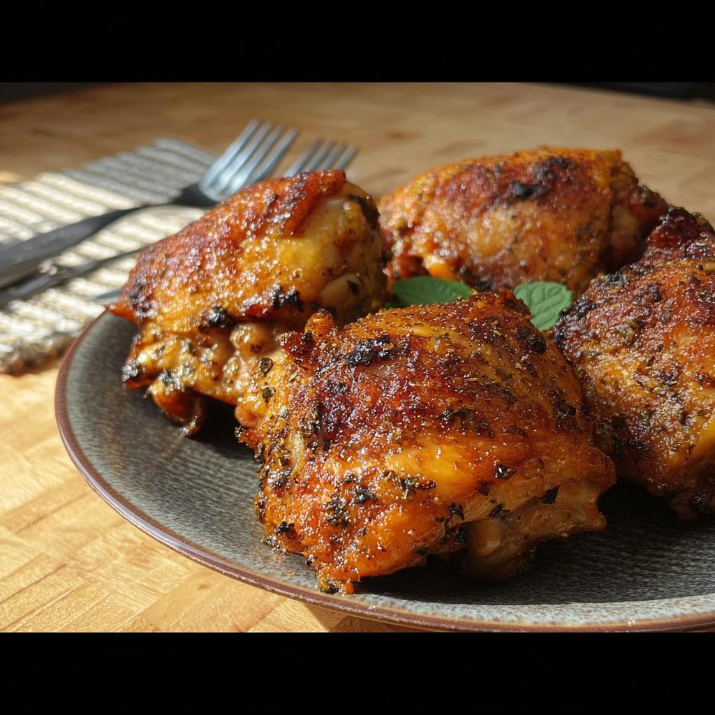 A plate of perfectly baked chicken thighs, seasoned with herbs and spices, a top choice for chicken thigh recipes.