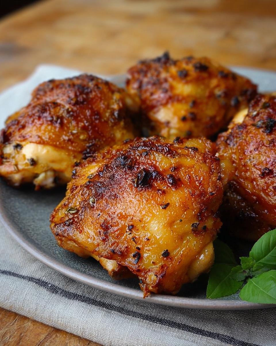 Close-up of four perfectly baked chicken thighs with crispy skin, seasoned with herbs.