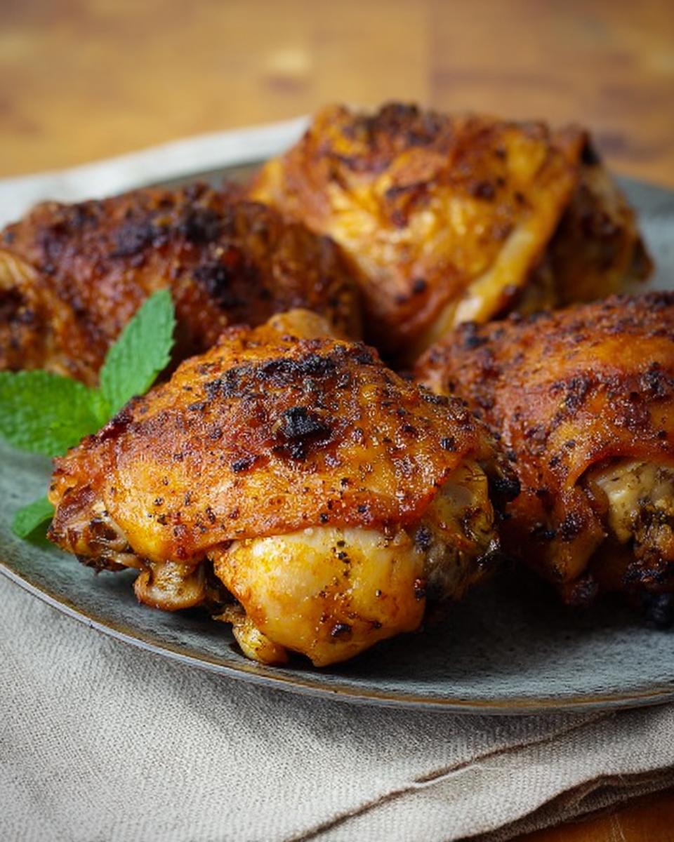 Close-up of four perfectly baked chicken thighs with crispy skin, seasoned and garnished with mint.