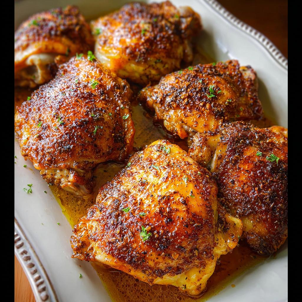 Close-up of perfectly baked chicken thighs with crispy skin and herbs, a delicious chicken thigh recipe.